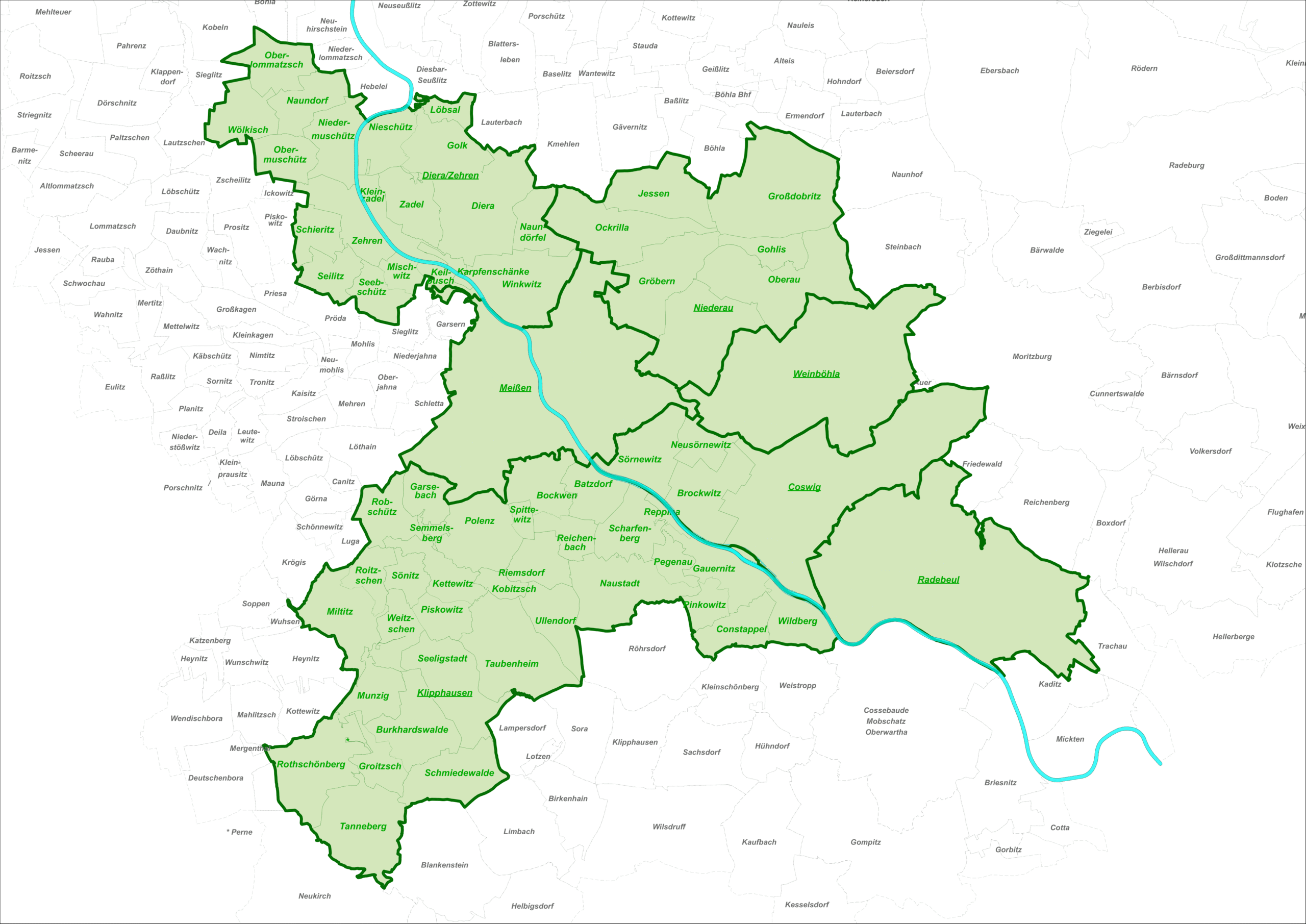 Karte des Verbandsgebiets mit den sieben Mitgliedskommunen im Landkreis Meißen